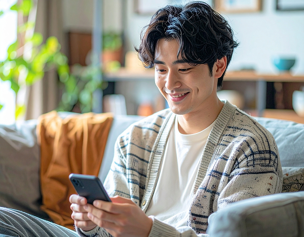 自宅リビングのソファーで寛ぎながらスマホでワンショットのX公式アカウントをチェックして笑顔になっている若い男性